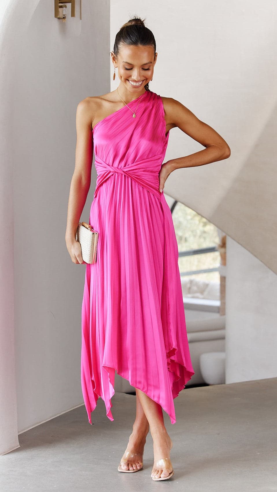 Cali One Shoulder Midi Dress - Pink