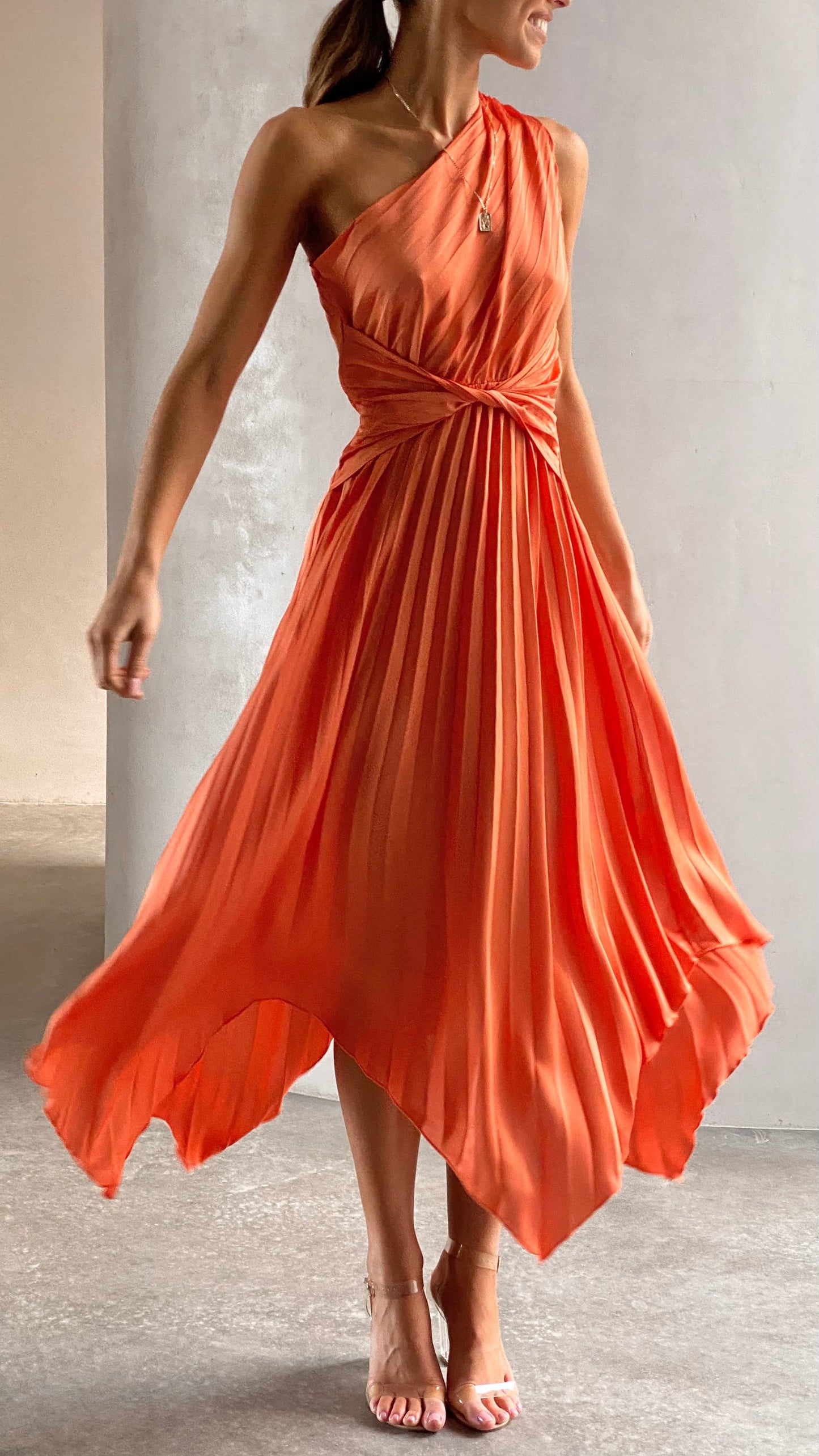 Cali One Shoulder Midi Dress - Melon