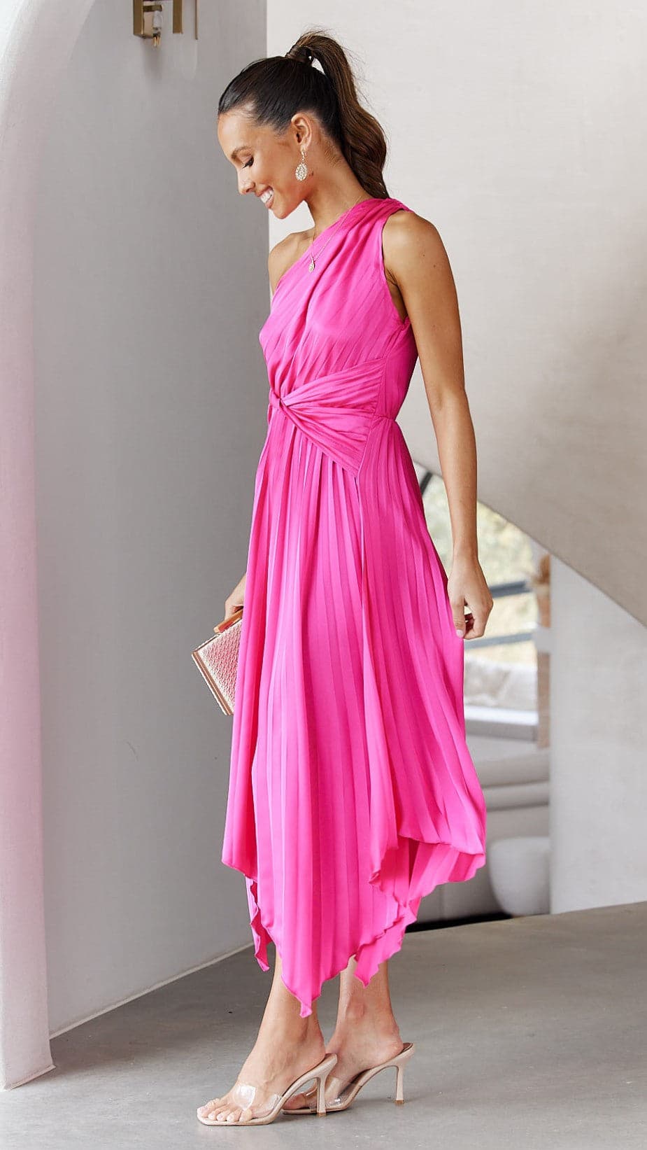 Cali One Shoulder Midi Dress - Pink