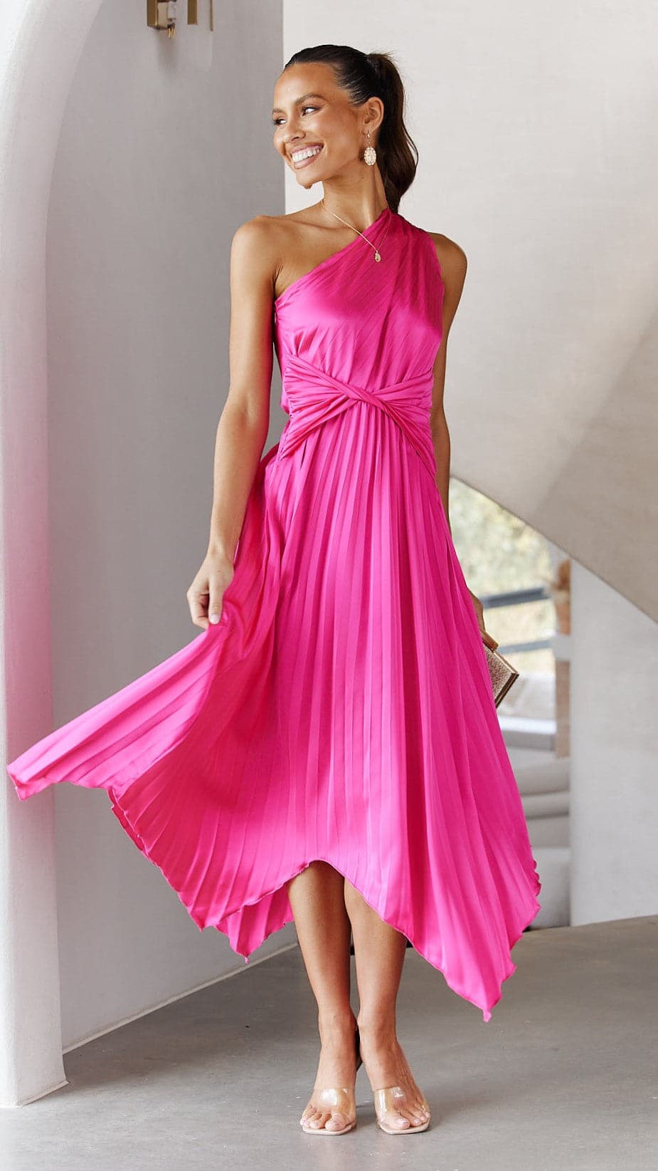 Cali One Shoulder Midi Dress - Pink