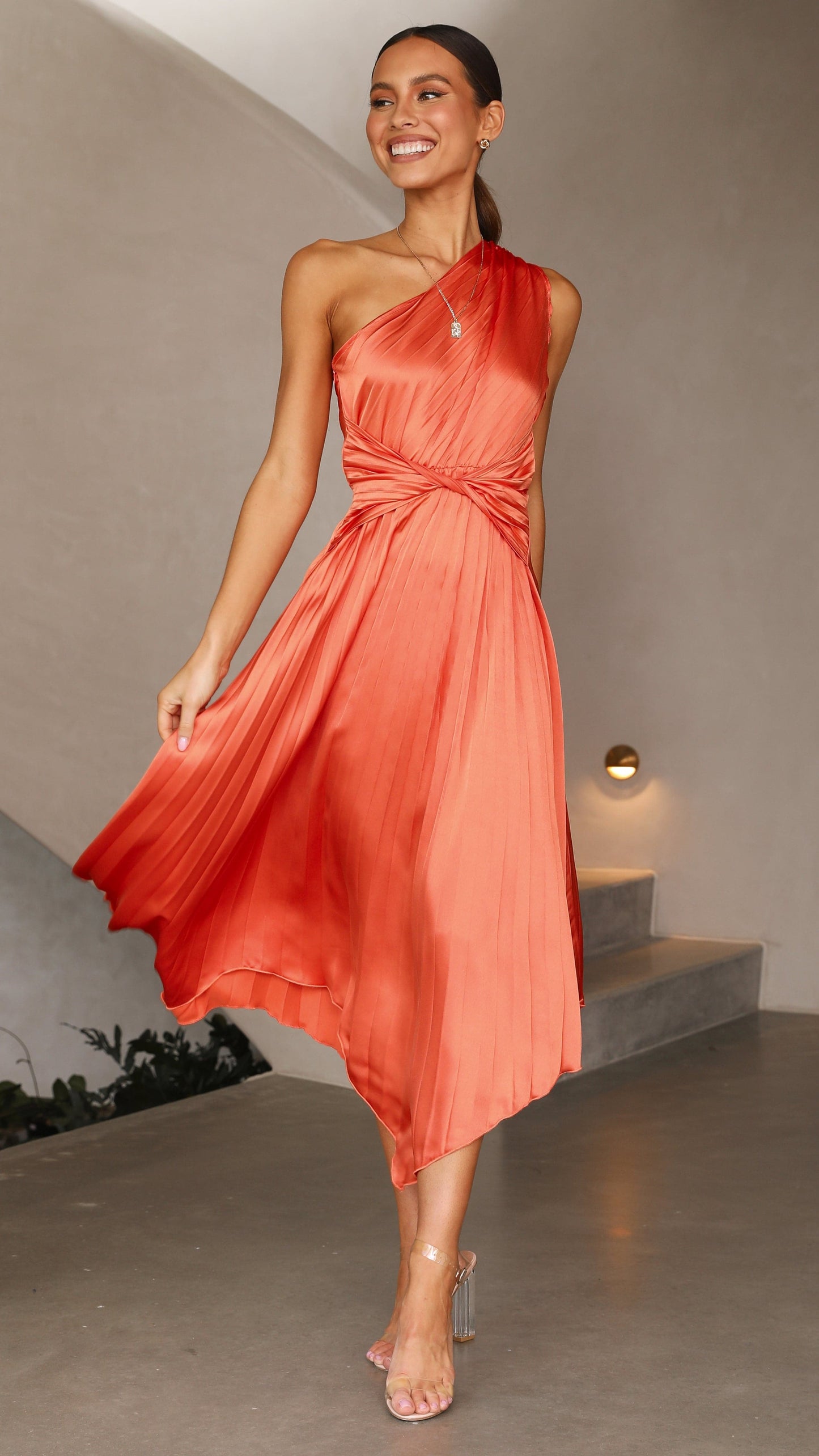 Cali One Shoulder Midi Dress - Melon